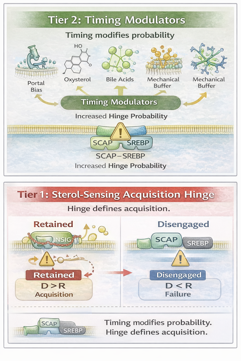 Diagram showing Tier 2 timing modulators increasing hinge probability and Tier 1 sterol-sensing acquisition hinge defining acquisition only when D greater than R.
